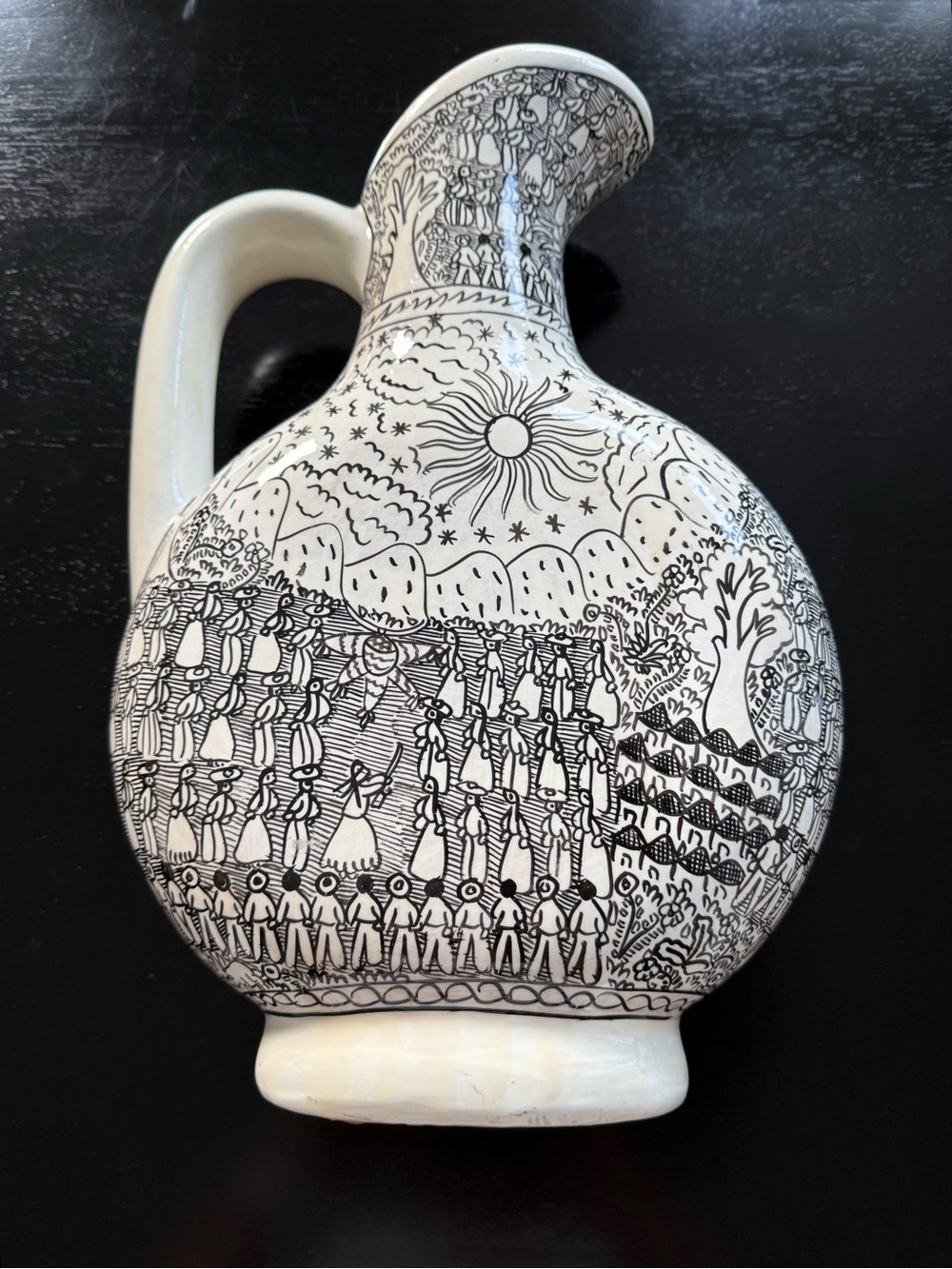 Hand-Decorated White Ceramic Pitcher with Black Illustrated Motif 14”